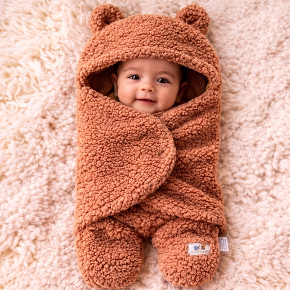 Blue Snail Teddy Bear Baby Bunting Sherpa Wrap Footed Cozy Brown